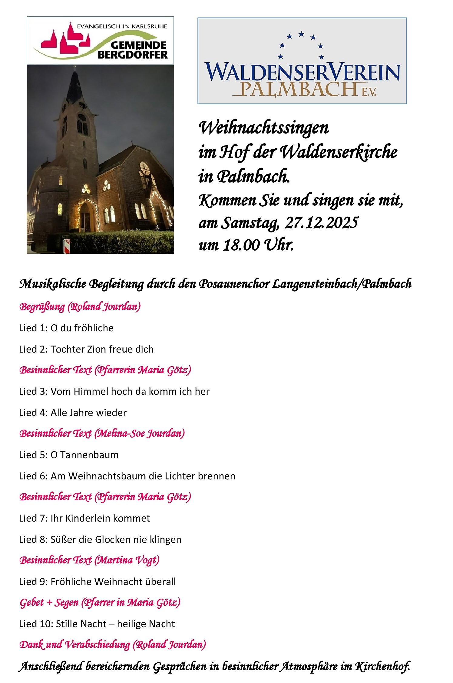 Programm Weihnachtssingen 2025 in Palmbach